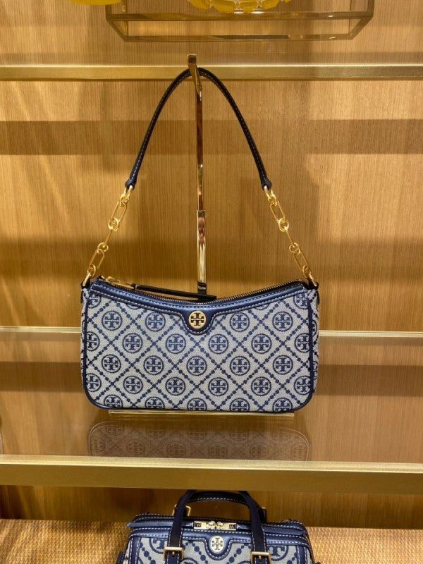 TORYY BURCH T MONOGRAM JACQUARD SHOULDER BAG ADJUSTABLE STRAP WITH BOX