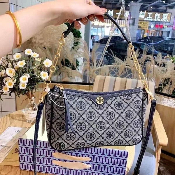TORYY BURCH T MONOGRAM JACQUARD SHOULDER BAG ADJUSTABLE STRAP WITH BOX