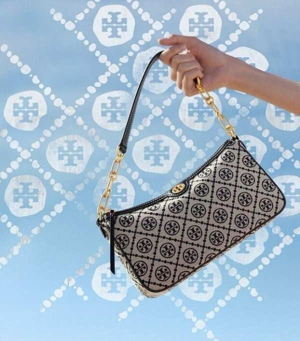 TORYY BURCH T MONOGRAM JACQUARD SHOULDER BAG ADJUSTABLE STRAP WITH BOX