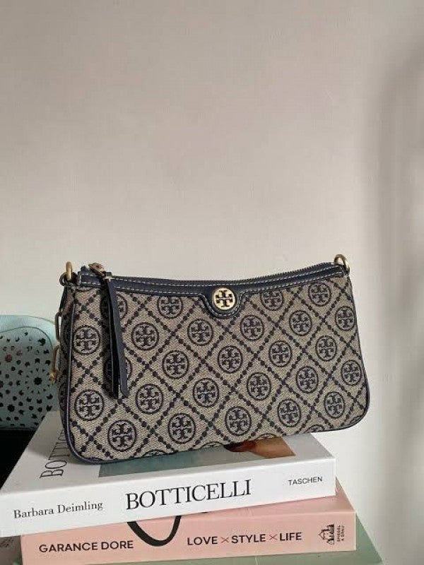 TORYY BURCH T MONOGRAM JACQUARD SHOULDER BAG ADJUSTABLE STRAP WITH BOX