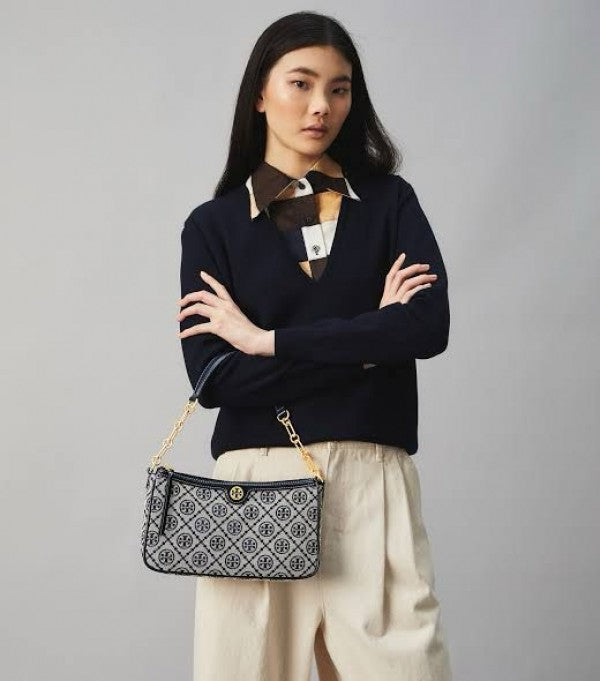 TORYY BURCH T MONOGRAM JACQUARD SHOULDER BAG ADJUSTABLE STRAP WITH BOX