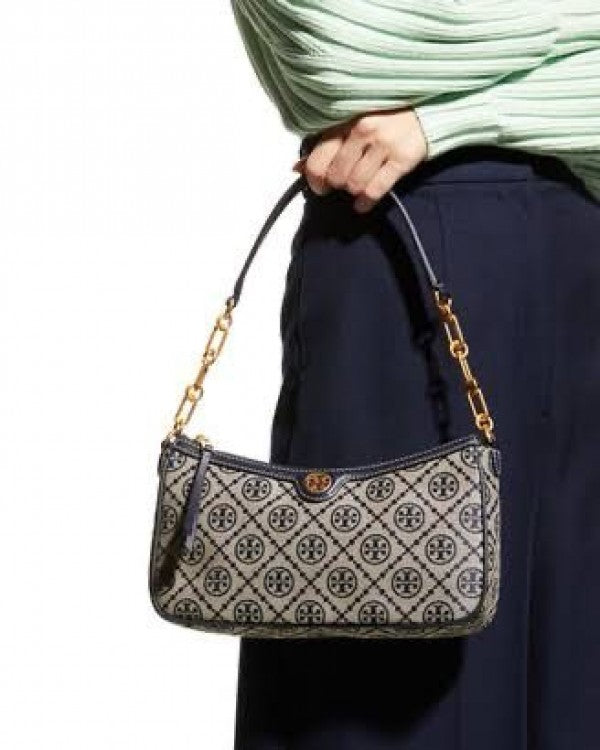 TORYY BURCH T MONOGRAM JACQUARD SHOULDER BAG ADJUSTABLE STRAP WITH BOX