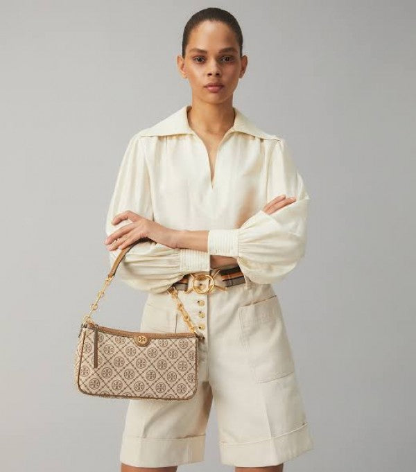 TORYY BURCH T MONOGRAM JACQUARD SHOULDER BAG ADJUSTABLE STRAP WITH BOX