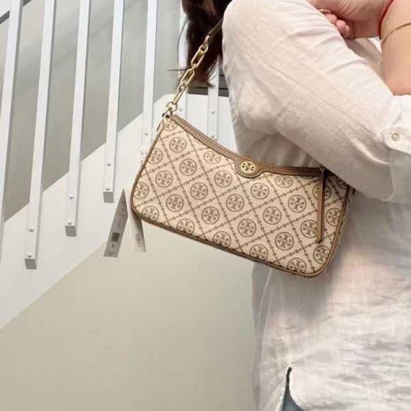 TORYY BURCH T MONOGRAM JACQUARD SHOULDER BAG ADJUSTABLE STRAP WITH BOX