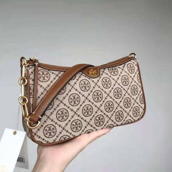 TORYY BURCH T MONOGRAM JACQUARD SHOULDER BAG ADJUSTABLE STRAP WITH BOX