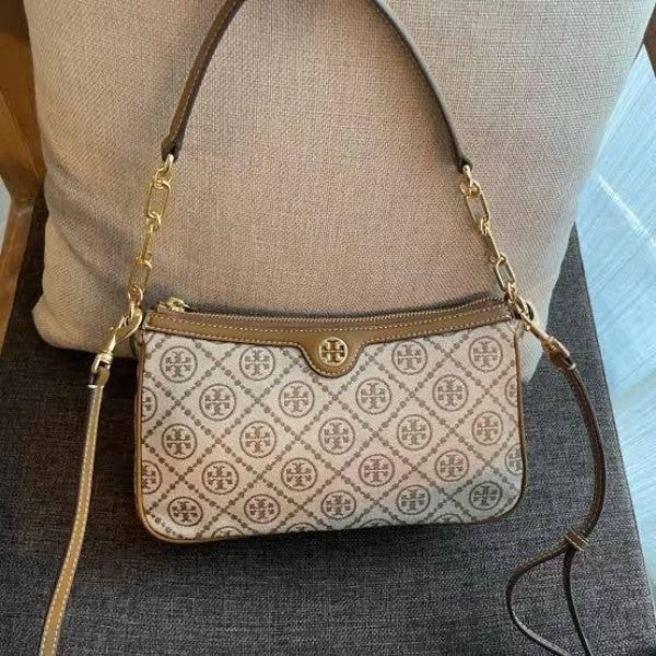 TORYY BURCH T MONOGRAM JACQUARD SHOULDER BAG ADJUSTABLE STRAP WITH BOX