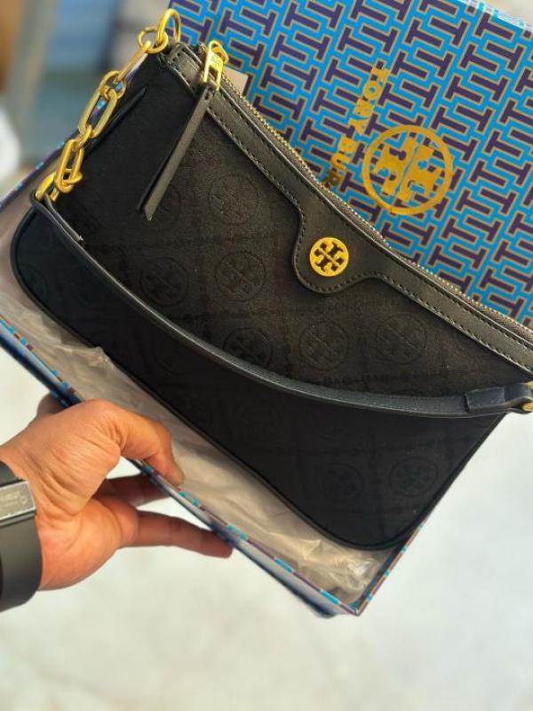 TORYY BURCH T MONOGRAM JACQUARD SHOULDER BAG ADJUSTABLE STRAP WITH BOX