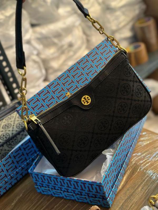 TORYY BURCH T MONOGRAM JACQUARD SHOULDER BAG ADJUSTABLE STRAP WITH BOX