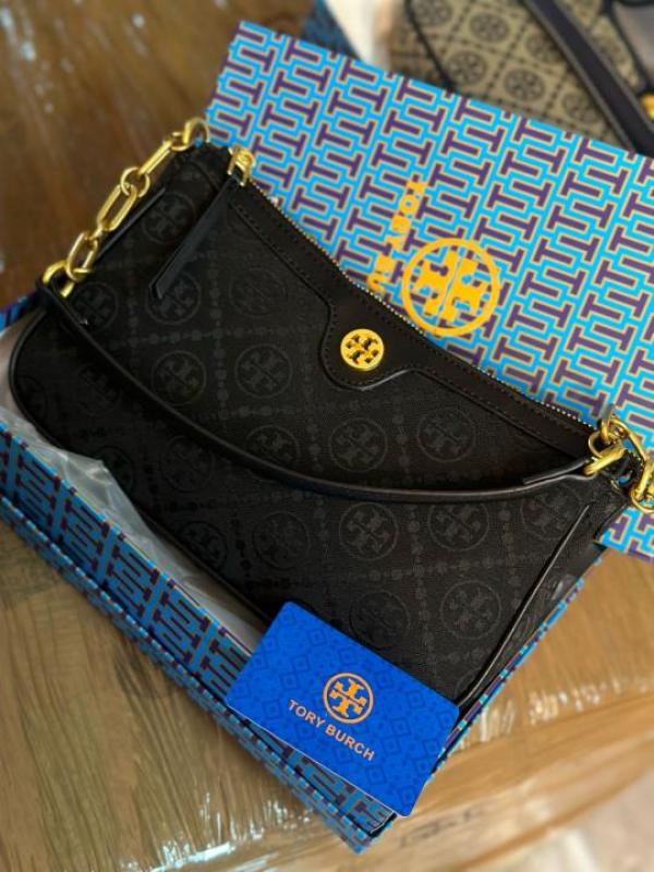 TORYY BURCH T MONOGRAM JACQUARD SHOULDER BAG ADJUSTABLE STRAP WITH BOX