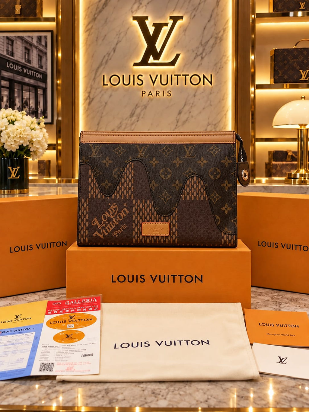 Louiss Vutton Premium Monogram Paris Hand Carry Pouch with premium quality box