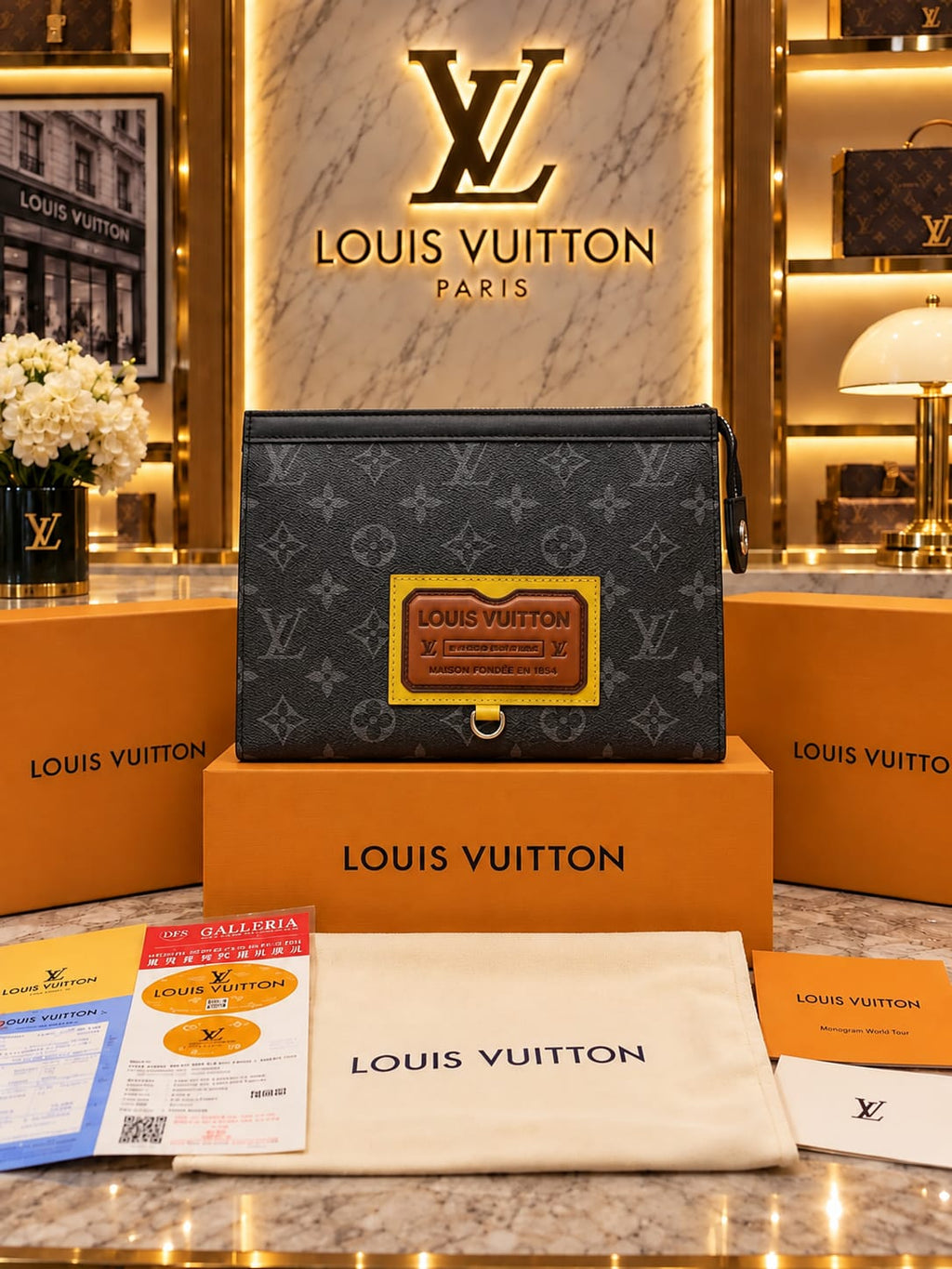 Louiss Vutton Premium Monogram Paris Hand Carry Pouch with premium quality box